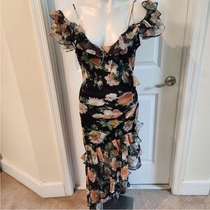 Vici Asymmetrical Floral Dress in Black and Orange